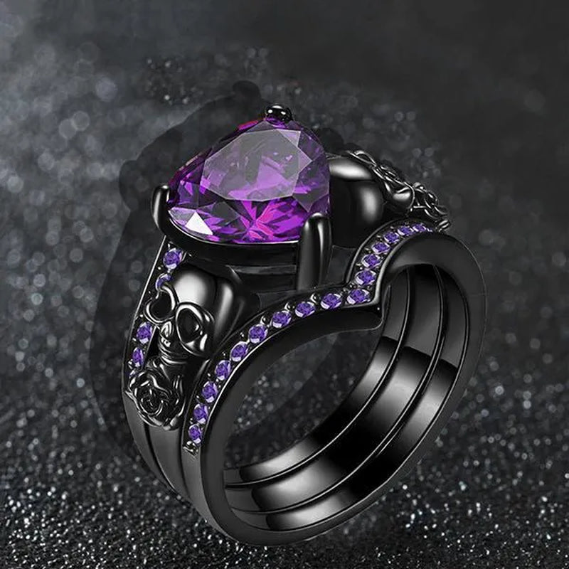 Gothic Black Rose Flower Skull Engagement Rings Set