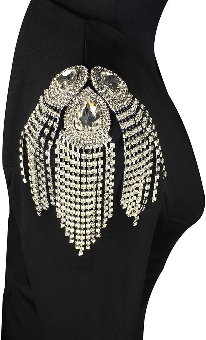 Beaded Diamond Waterdrop Design Patches Crystal Fringe Tassel Rhinestones Shoulder Badges Brooches Women Dress Applique 2Piece