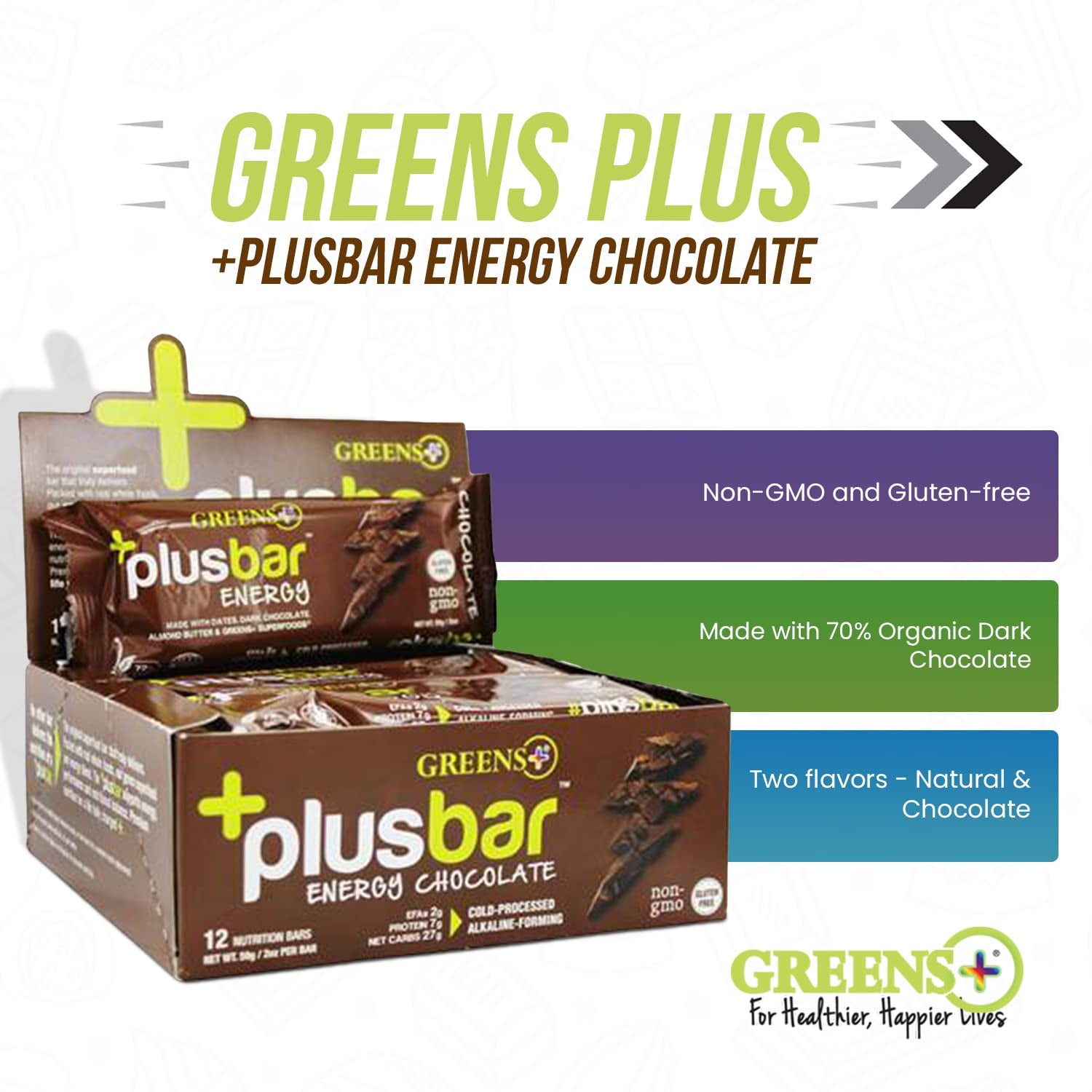 Plusbar Energy Bars, Chocolate, Gluten Free Healthy Snacks with Organic Super Greens, Superfoods & Dark Chocolate, Vegan, Dairy Free & Non GMO, 8G Protein Meal Replacement Bars, 12 Bars