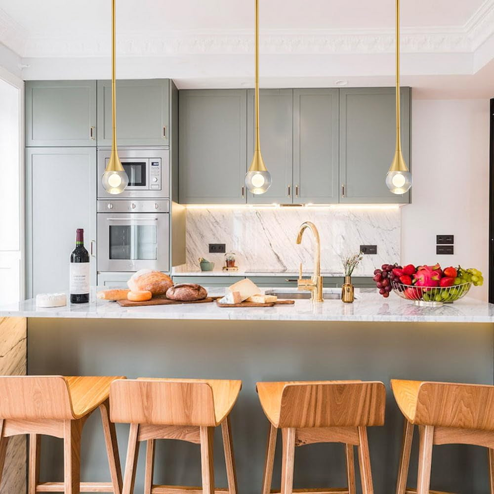 1-Light Pendant Lights Kitchen Island, 8W 3 Color Temperature Dimmable LED Pendant Light Fixtures, Gold Hanging Crystal Teardrop Pendant Lights for Bathroom, Bedroom