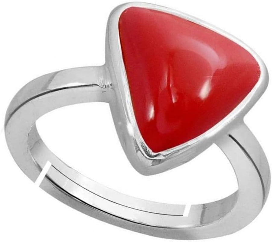Triangle Red Coral Adjustable Ring 7.25 CARAT Moonga Gemstone Panchdhatu Solid Plated Adjustable Ring Astrology Purpose Red Coral Ring for Men and Women (Silver)