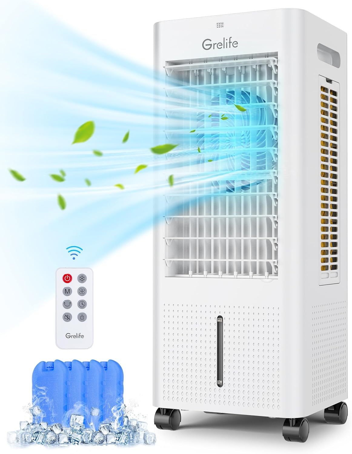 3-IN-1 Portable Evaporative Air Cooler,Grelife Air Cooler Cooling Fan with 4 Ice Packs,12H Timer,1.58Gal Water Tank,Remote Control,3 Modes,3 Speeds, Personal Swamp Cooler for Bedroom Home Office