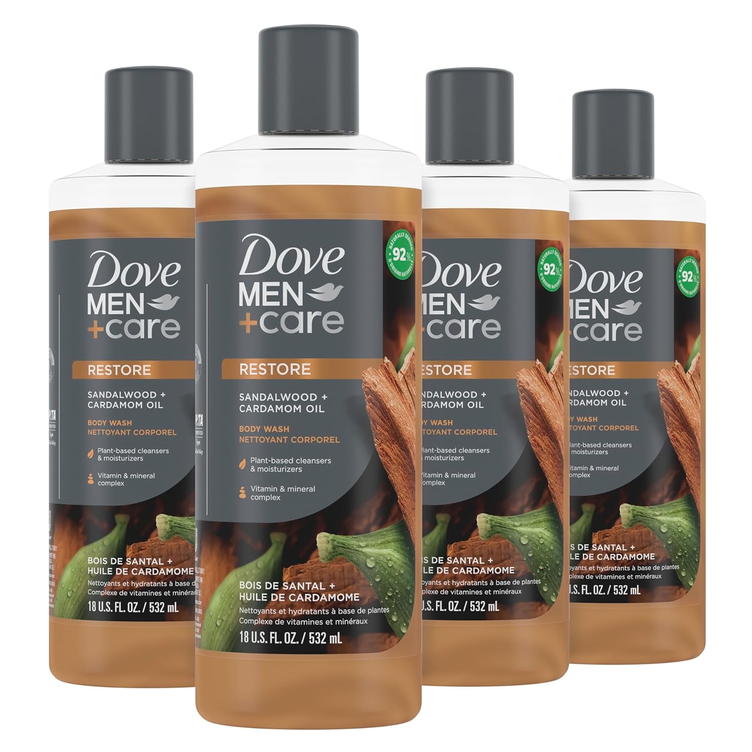 Dove Men+Care Body Wash Sandalwood + Cardamom Oil 4 Count to Rebuild Skin in the Shower with Plant-Based Cleansers and Moisturizers 18 Oz