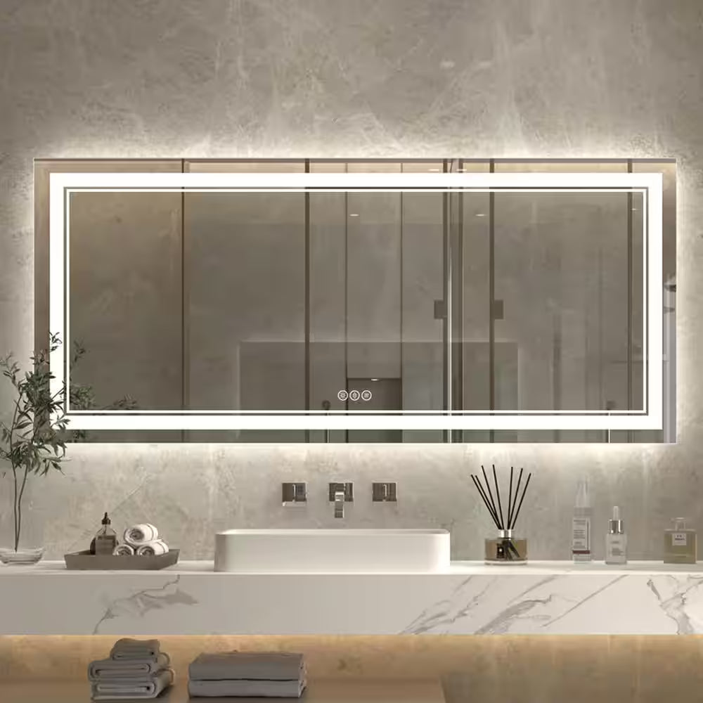 72 In. W X 32 In. H Oversized Rectangular Frameless Anti-Fog Wall Bathroom Vanity Mirror in Silver