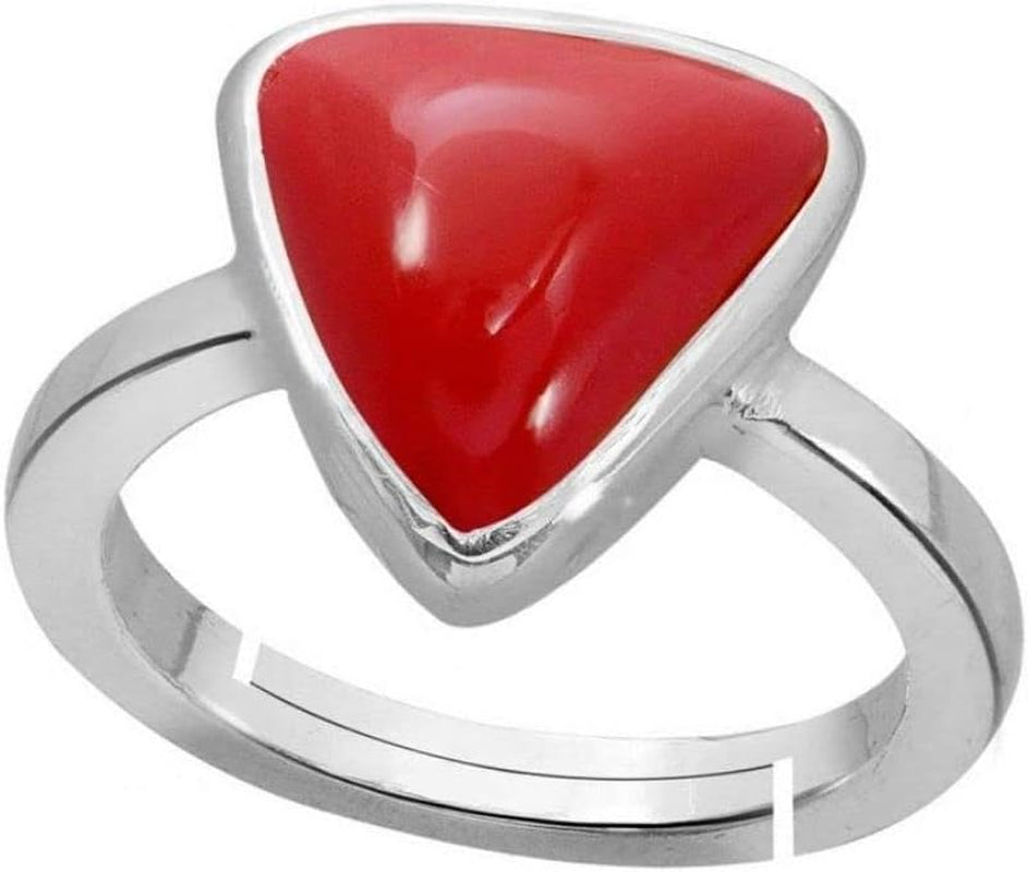 Triangle Red Coral Adjustable Ring 7.25 CARAT Moonga Gemstone Panchdhatu Solid Plated Adjustable Ring Astrology Purpose Red Coral Ring for Men and Women (Silver)