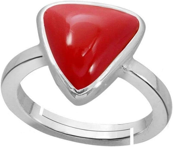 Triangle Red Coral Adjustable Ring 7.25 CARAT Moonga Gemstone Panchdhatu Solid Plated Adjustable Ring Astrology Purpose Red Coral Ring for Men and Women (Silver)