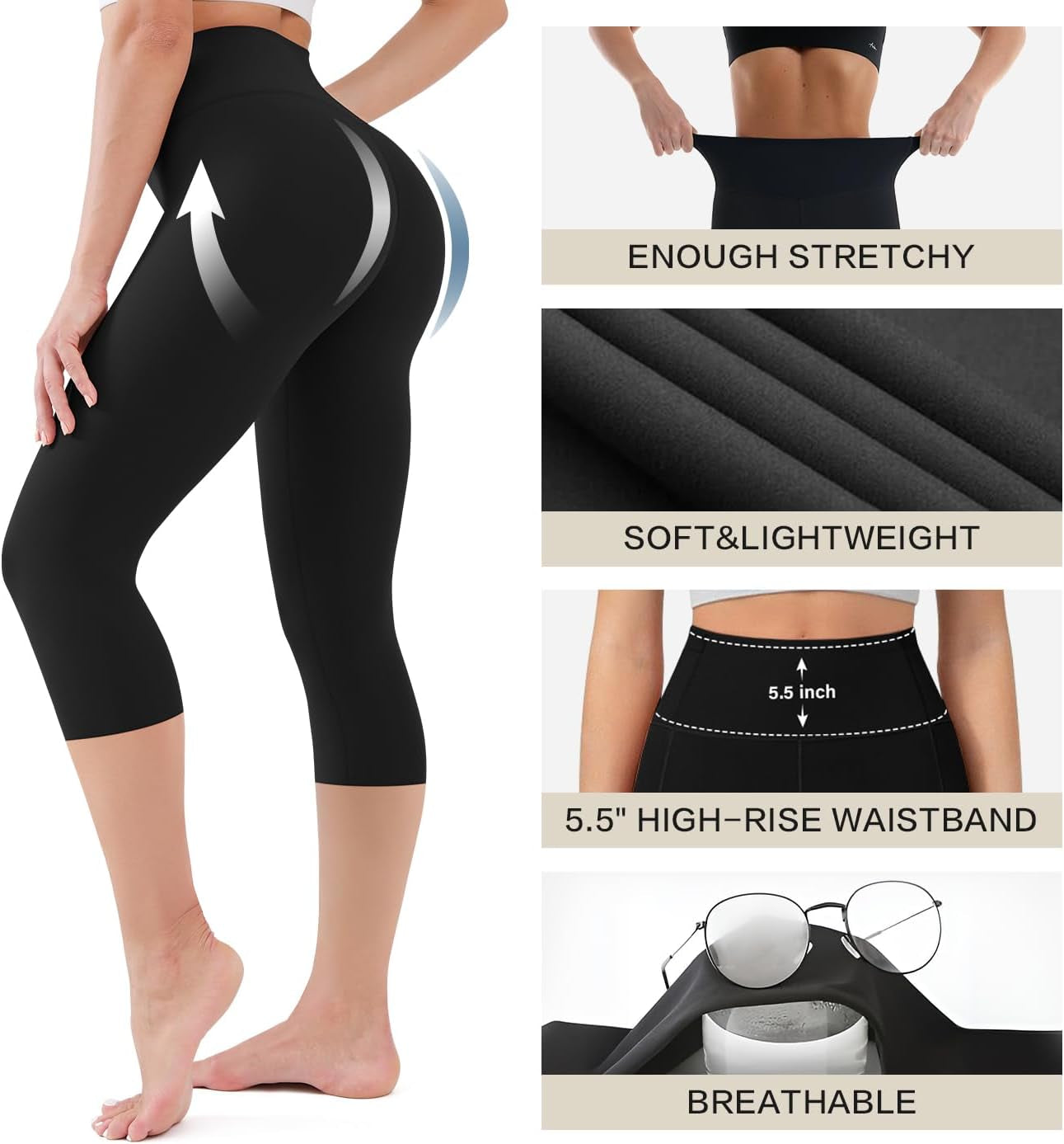 Women'S High Waisted Capri Buttery Soft Tummy Control No See through Workout Athletic Running Yoga Cycling
