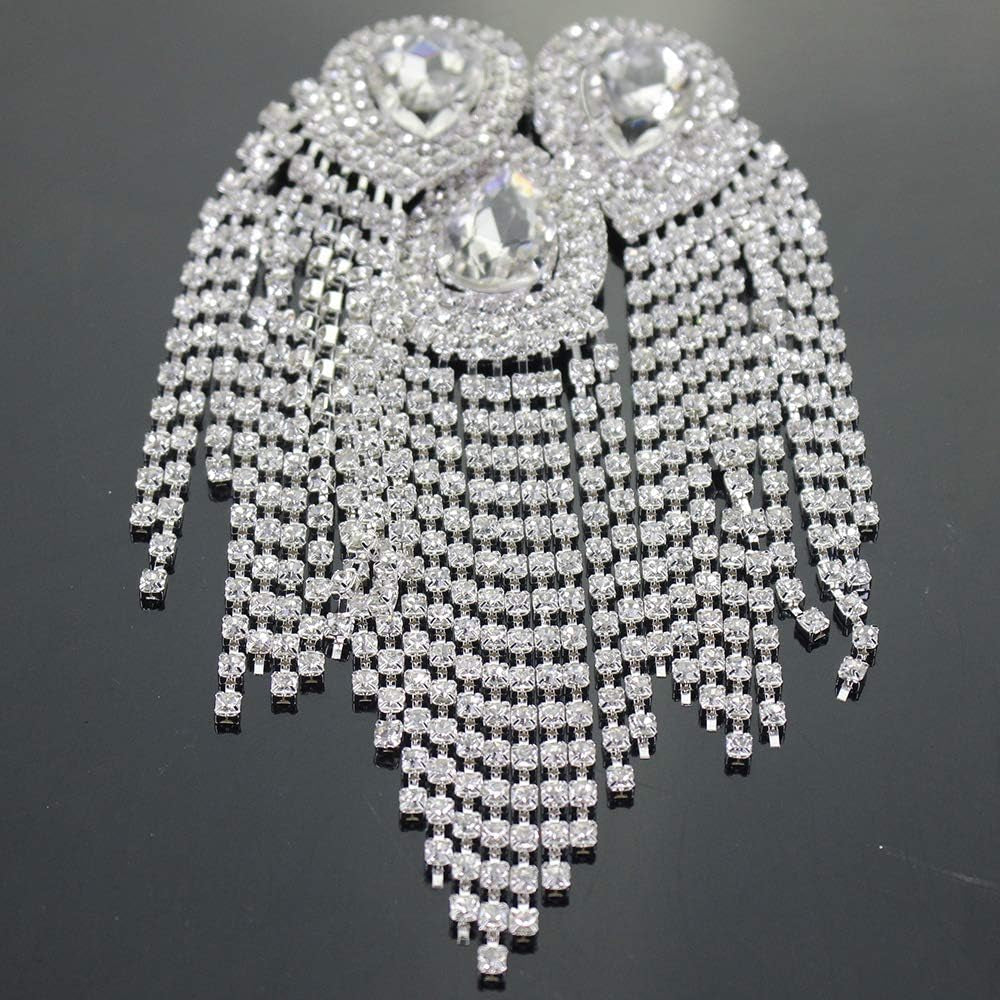 Beaded Diamond Waterdrop Design Patches Crystal Fringe Tassel Rhinestones Shoulder Badges Brooches Women Dress Applique 2Piece