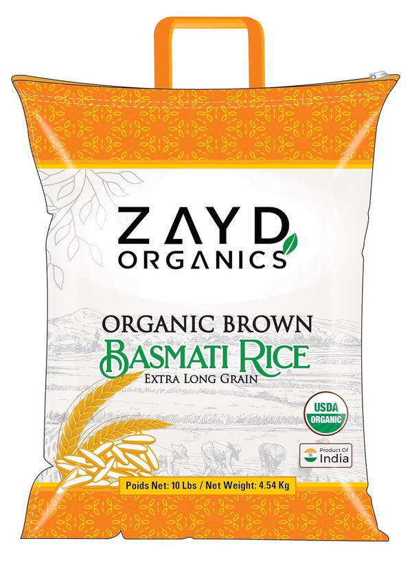Zayd Organic Brown Basmati Rice, Indian Traditional Extra Long Basmati Rice, Vegan, Fresh, USDA Organic, 10Lbs