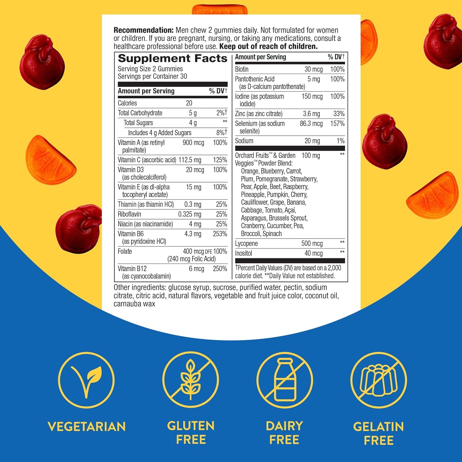 Alive! Men'S Daily Gummy Multivitamin, Supports Energy Metabolism*, Muscle Function*, B-Vitamins, Superfood Antioxidants, Gluten-Free, Vegetarian, Fruit Flavored, 60 Gummies