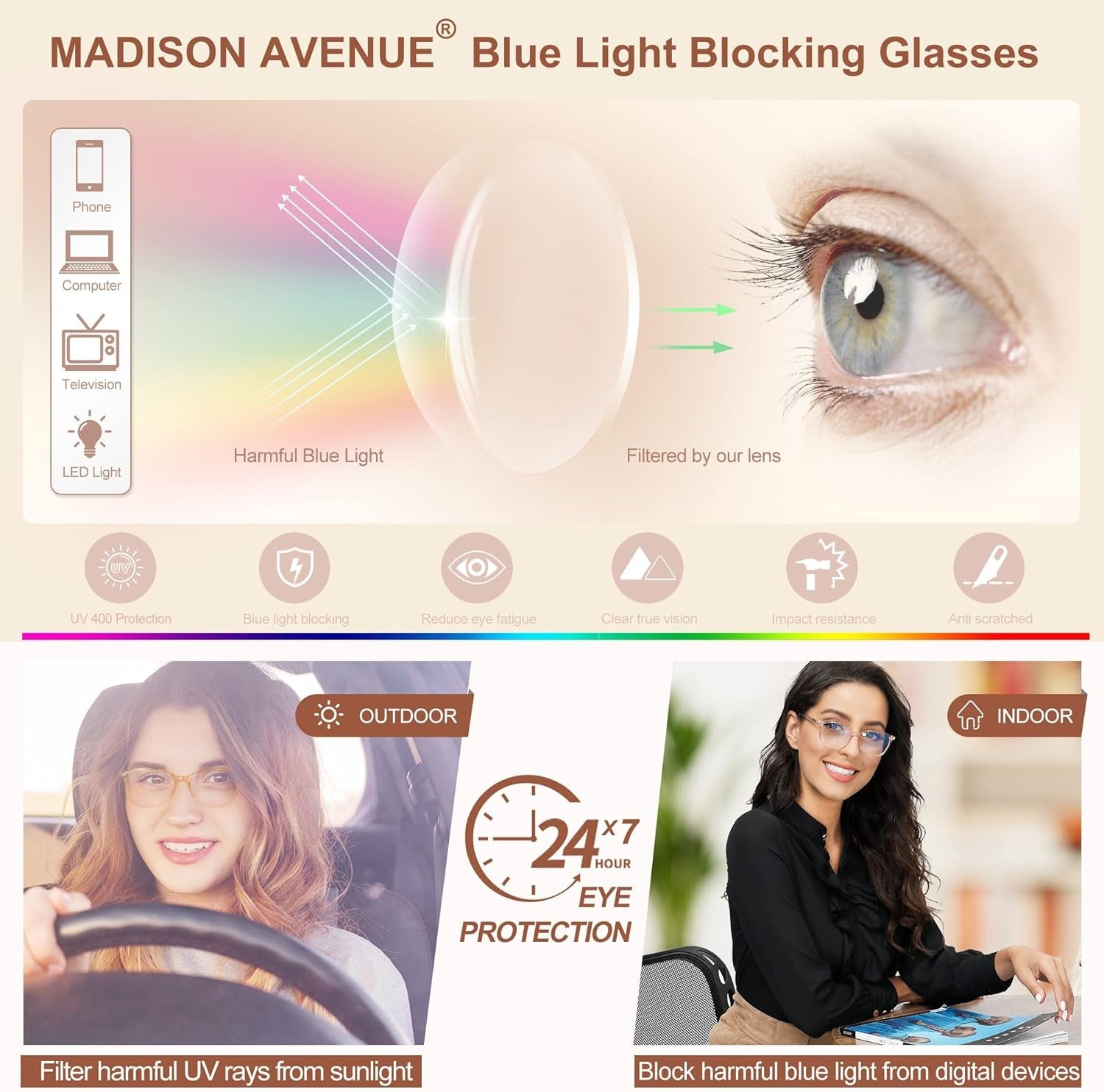 Blue Light Blocking Glasses Anti Eyestrain UV Glare Blue Light Glasses for Women TV Phone Computer Gaming Eyeglasses (Demi)