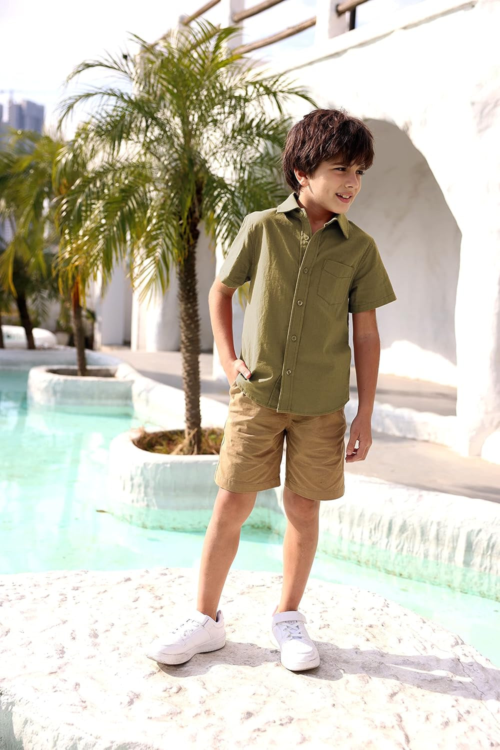 Boys' Long Sleeve Dress Shirts Classic Collared Button-Down Tshirt Solid Cotton Top with Chest Pocket