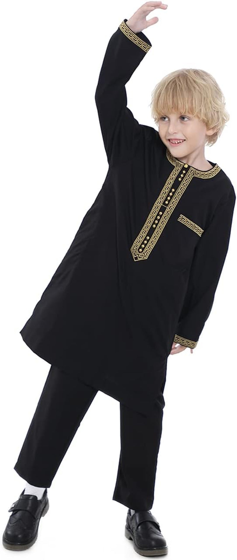 Boy'S Muslim Clothing Kaftan Set - Middle East Youth Embroidered Robe Suit round Neck Islamic Dress Arabic Wear