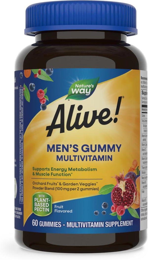 Alive! Men'S Daily Gummy Multivitamin, Supports Energy Metabolism*, Muscle Function*, B-Vitamins, Superfood Antioxidants, Gluten-Free, Vegetarian, Fruit Flavored, 60 Gummies