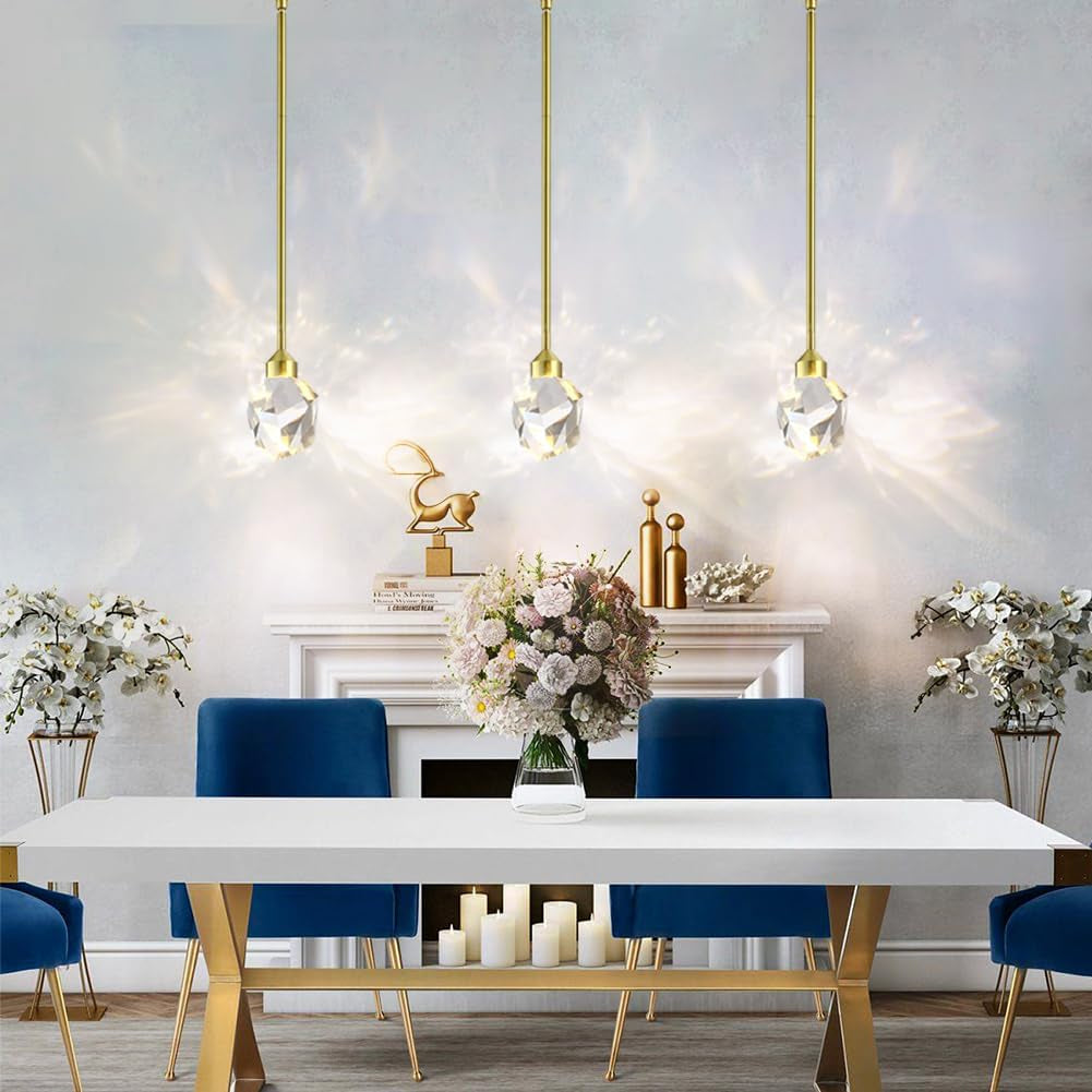 Gold Crystal Pendant Light Small Hanging Pendant Light Fixtures 8W LED Light 3 Color Temperature Adjustable 3000K-5000K-4000K Mini Single Modern Chandelier for Kitchen Island Bathroom