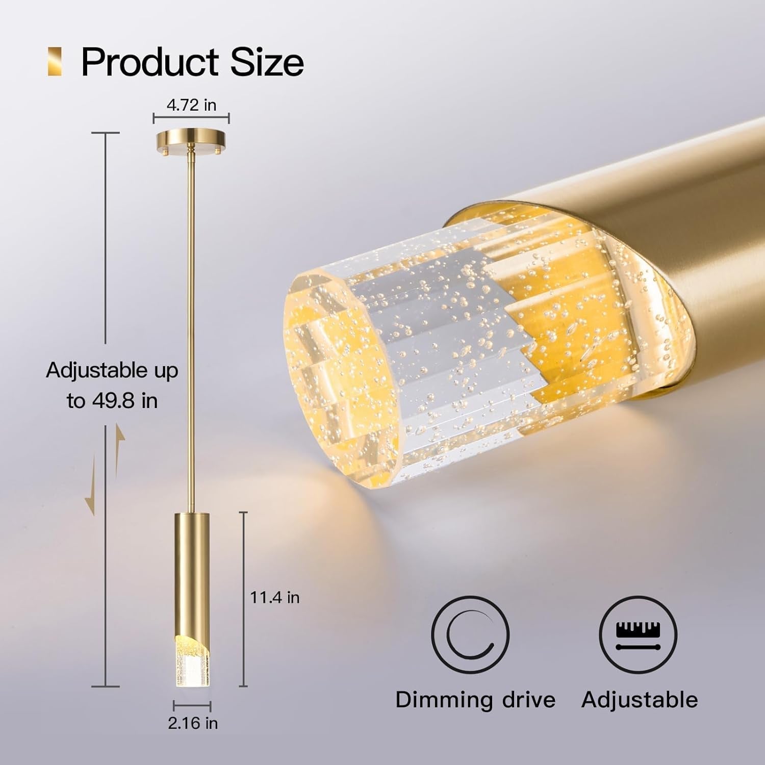 Gold Crystal Pendant Lights, Modern Crystal Pendant Lighting for Kitchen Island Dimmable Hanging Ceiling Light Fixture with Adjustable Height for Dining Room, Bedroom (Gold, 1-Pack)