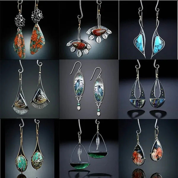 1 Pair Antique 925 Sterling Silver Pendant Earrings Natural Gemstone Inlay Dangl