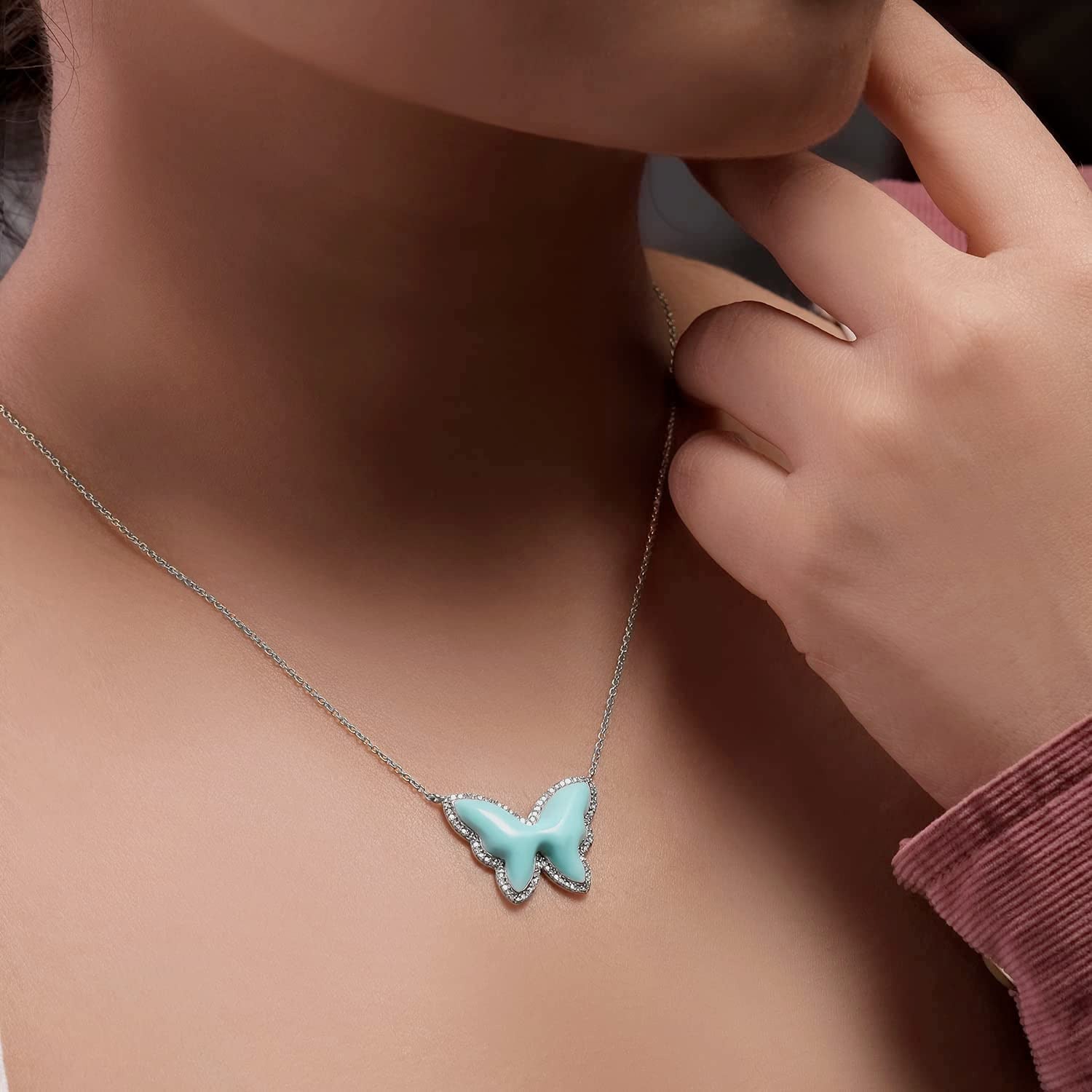 1/5Cttw Diamond and Enamel Butterfly Necklace for Women in 18K Rose Gold-Plated,