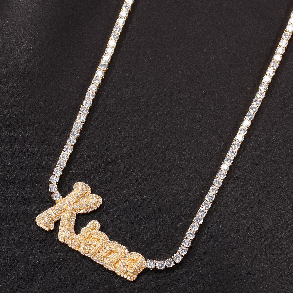 Custom Name Necklace Cursive Letter with Tennis Chain Cubic Zirconia Gold Silver