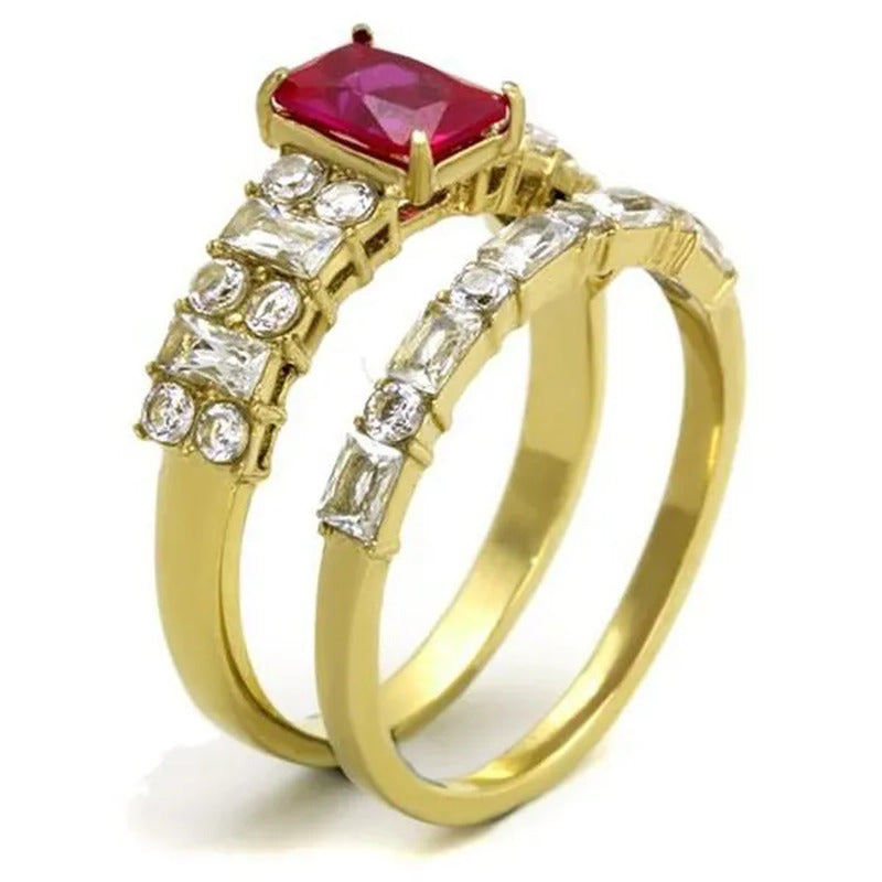 2.64 Ct Emerald Cut Ruby Zirconia 14K Gold Plated Wedding Ring Set Women'S Size