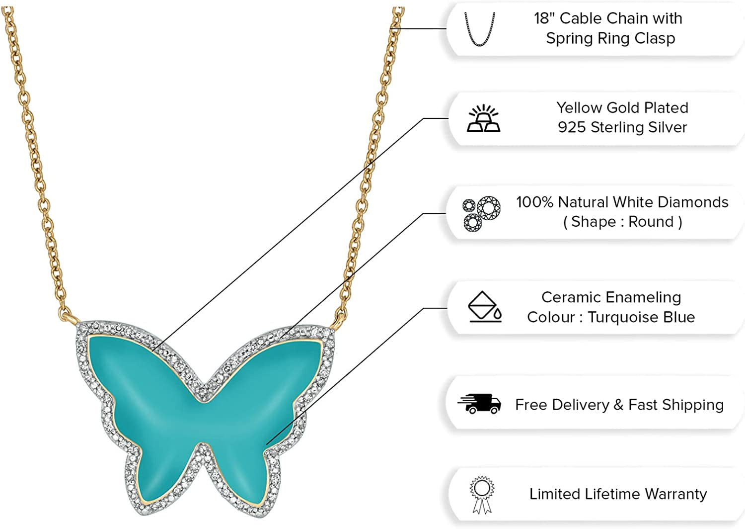 1/5Cttw Diamond and Enamel Butterfly Necklace for Women in 18K Rose Gold-Plated,