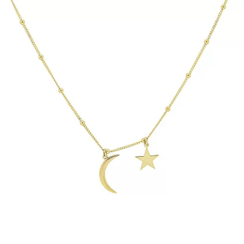 14K Gold Moon and Star Choker with Beads, 16"
