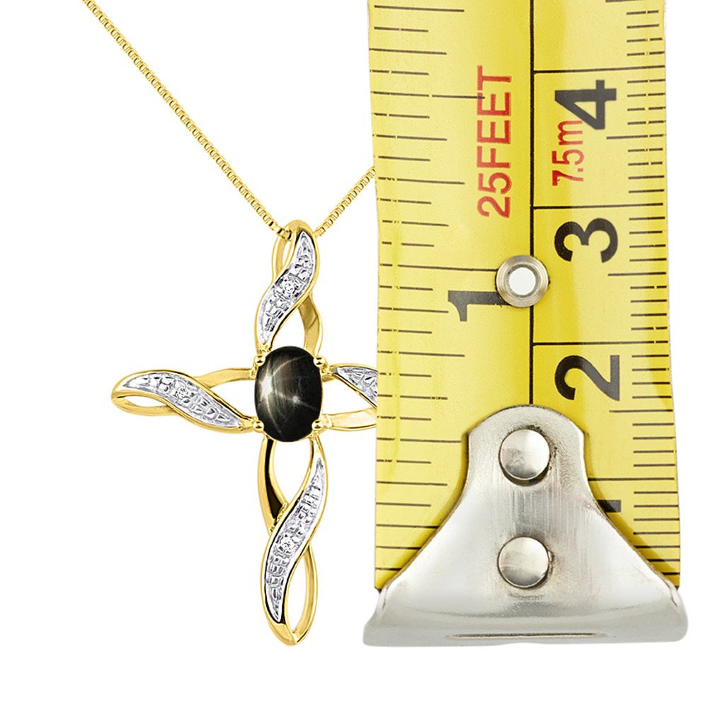 Diamond & Black Star Sapphire Cross Pendant Necklace Set in Yellow Gold Plated S