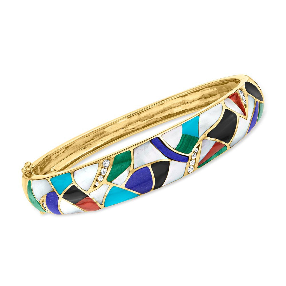 C. 1990 Vintage Multi-Gemstone Inlay and .25 Ct. T.W. Diamond Bangle Bracelet in