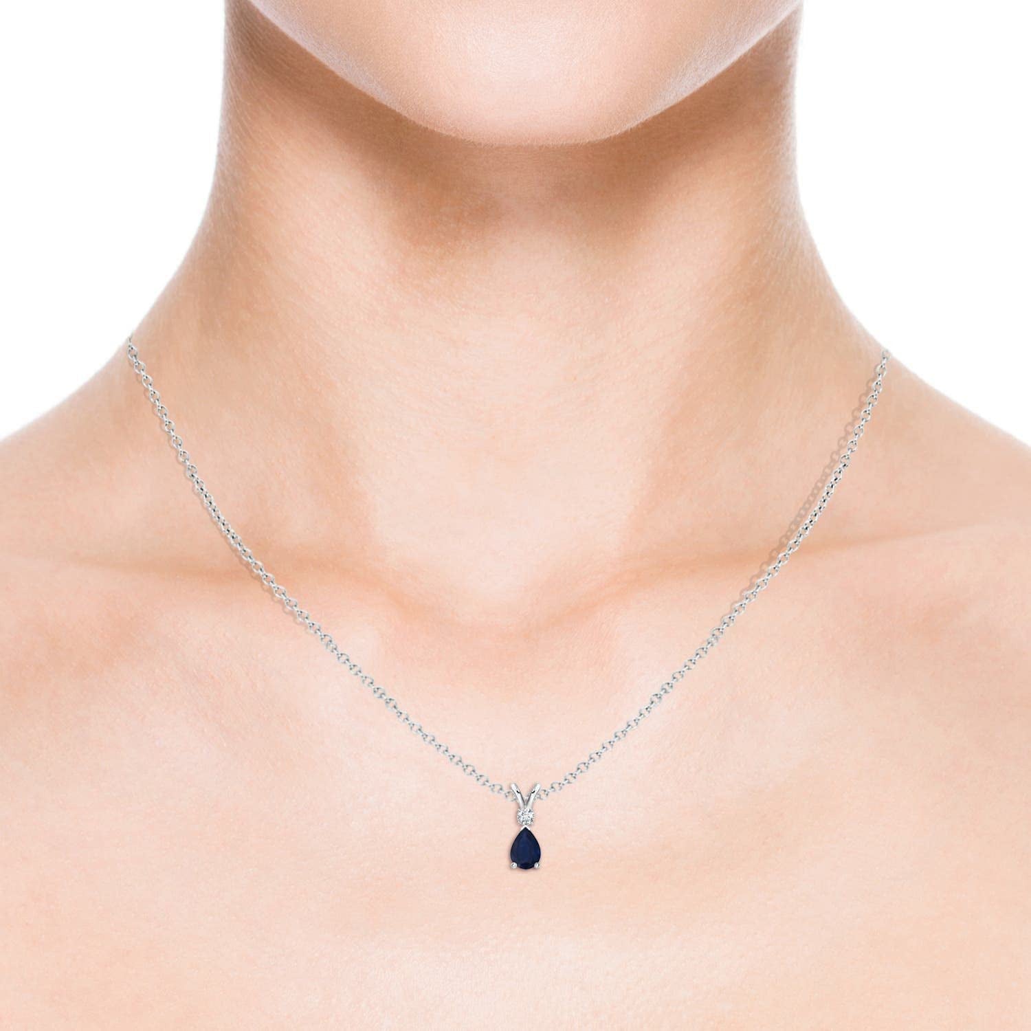 Blue Sapphire Teardrop Pendant with Diamond in Silver (6X4Mm Blue Sapphire)
