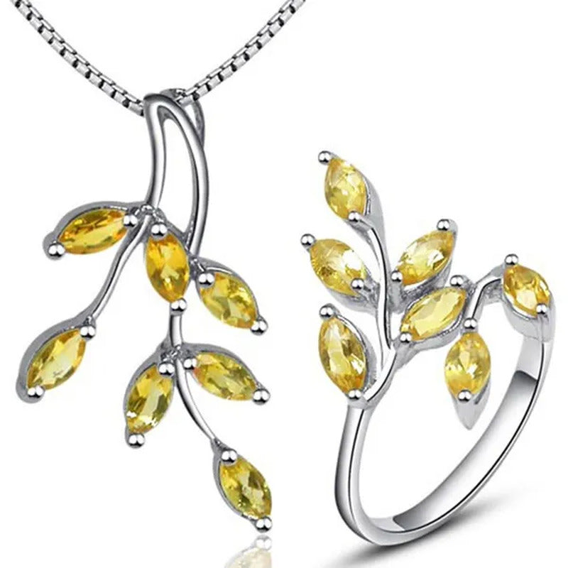 Beautiful Leaf Shape Yellow Crystal Jewelry Sets Ring Pendant Necklace Pure 925
