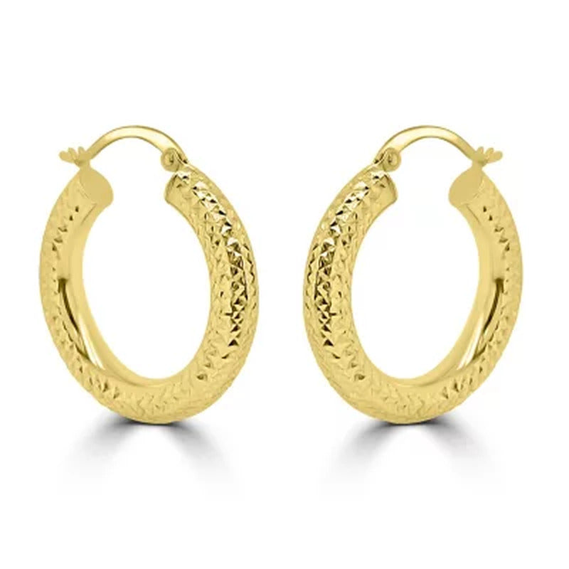 14K Yellow Gold Diamond Cut Hoop Earrings