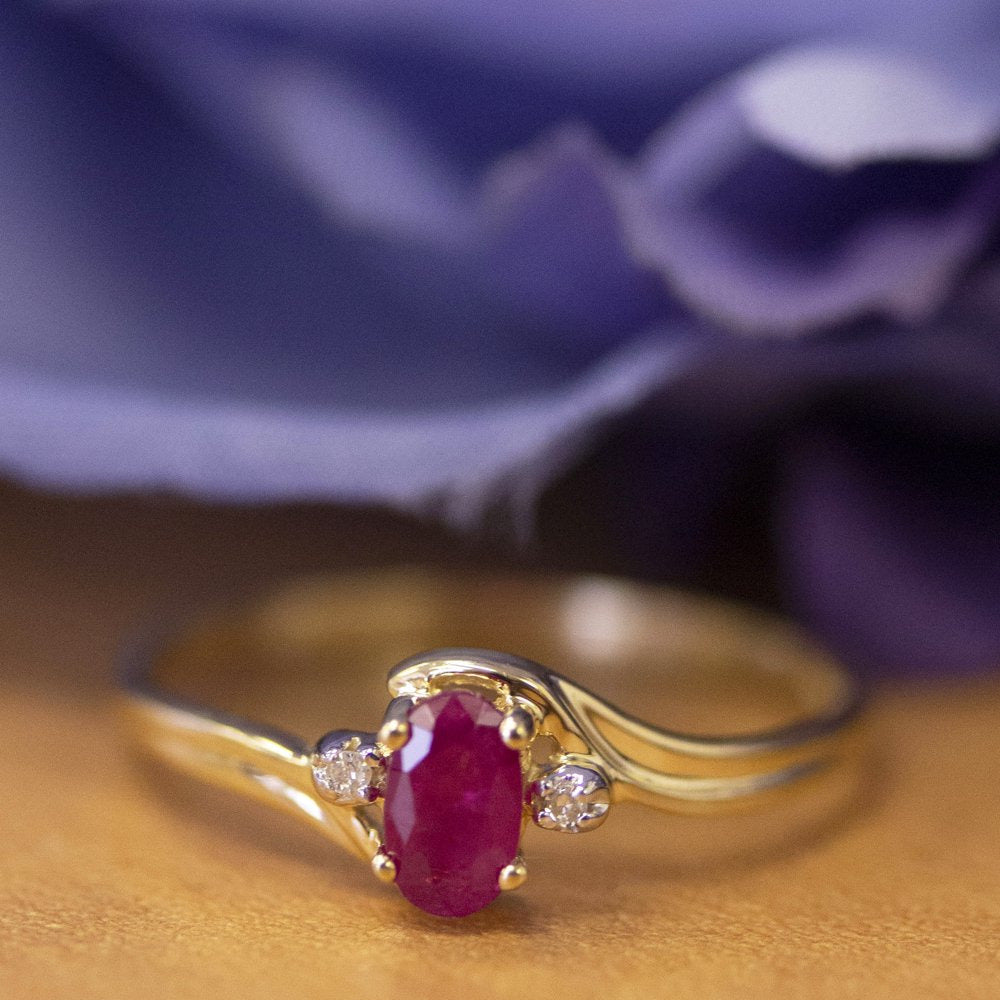 10K Yellow Gold Oval Ruby and Diamond Ring
