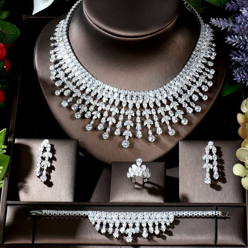 Fashion White AAA CZ Zirconia Leaf Earring Necklace Set for Women Bridal Wedding