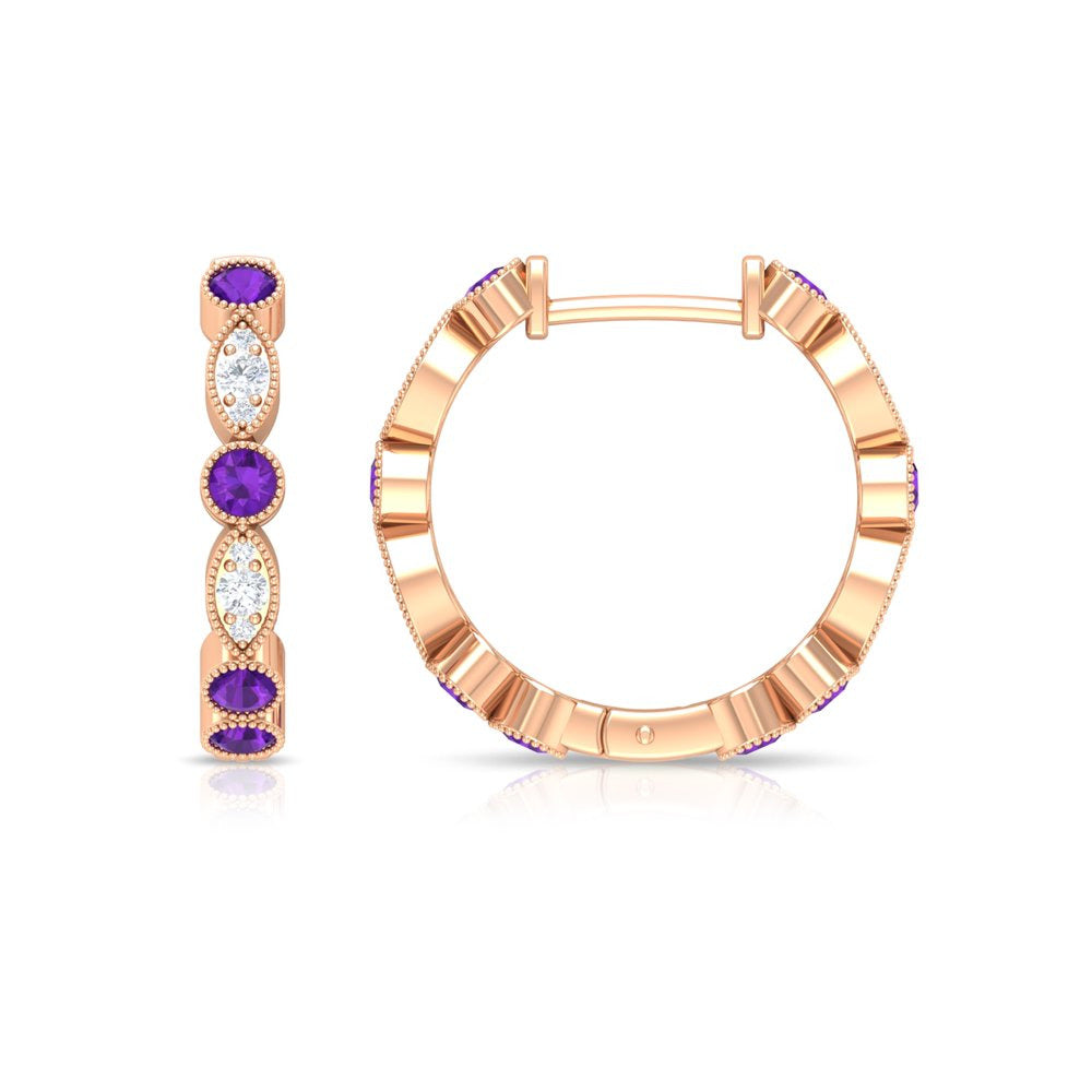 0.75 CT Amethyst and Diamond Hoop Earrings, Amethyst Vintage Earrings, Hoop Earr