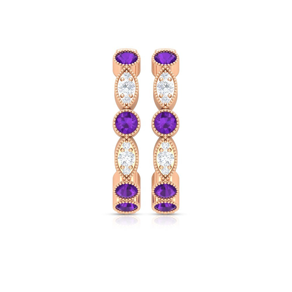 0.75 CT Amethyst and Diamond Hoop Earrings, Amethyst Vintage Earrings, Hoop Earr