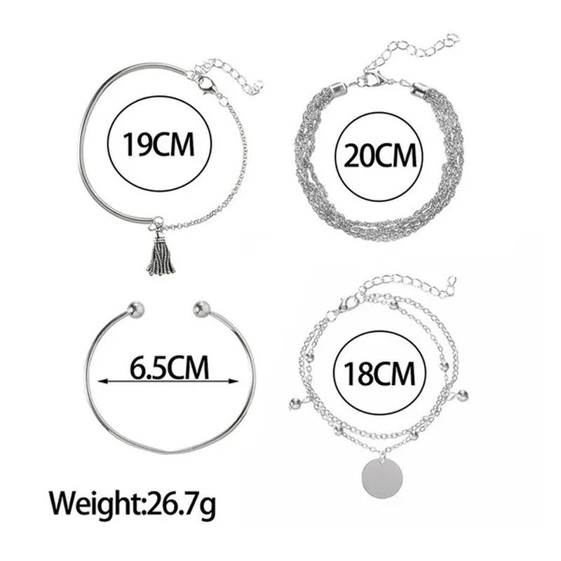 4Pcs/Set New Silver Metal Tassels Sequins Chains Bracelets Set Combination Fashi