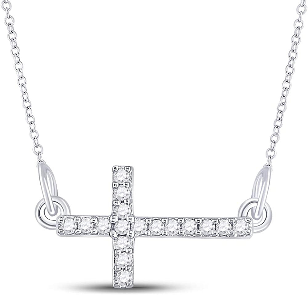 Sterling Silver Womens round Diamond Horizontal Sideways Cross Necklace 1/10 Ctt