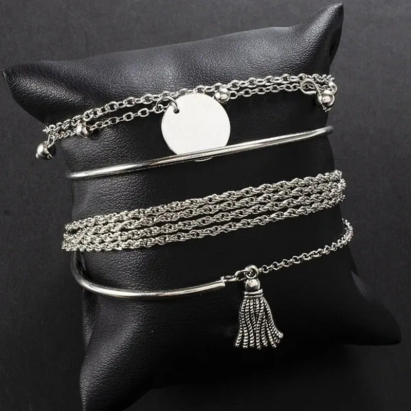 4Pcs/Set New Silver Metal Tassels Sequins Chains Bracelets Set Combination Fashi