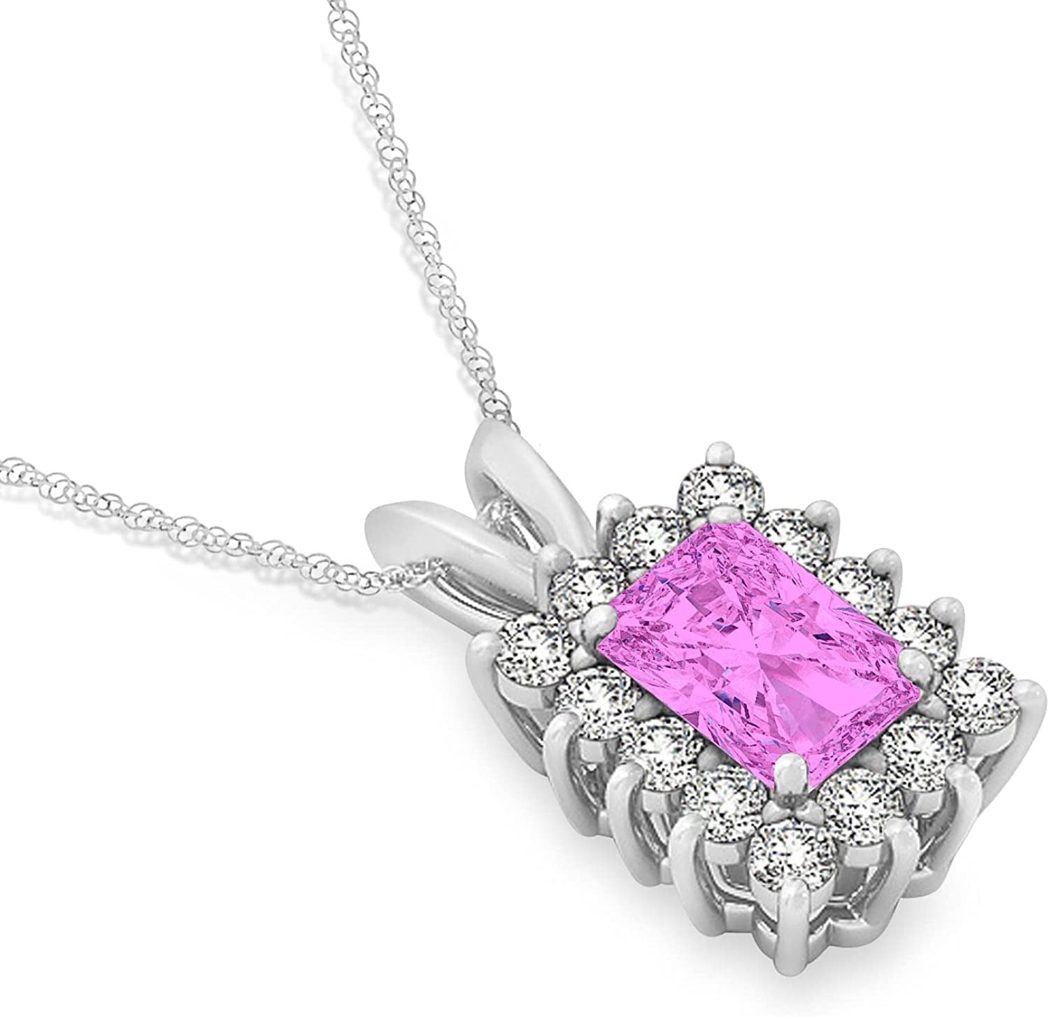 (2.80Ct) Emerald Shape Pink Sapphire and Diamond Pendant Necklace 14K White Gold