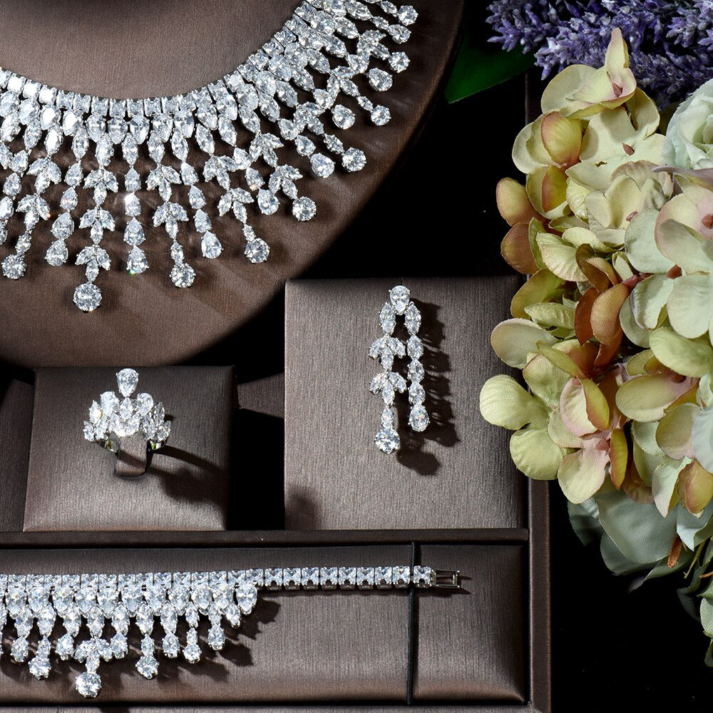 Fashion White AAA CZ Zirconia Leaf Earring Necklace Set for Women Bridal Wedding
