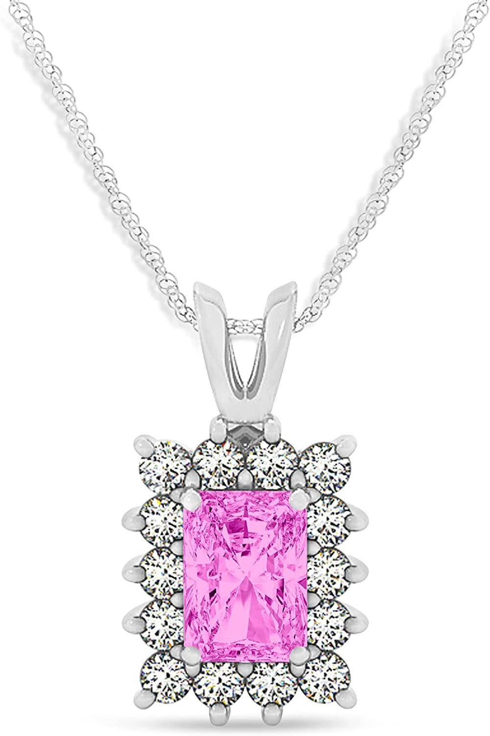(2.80Ct) Emerald Shape Pink Sapphire and Diamond Pendant Necklace 14K White Gold