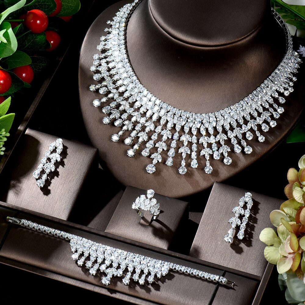 Fashion White AAA CZ Zirconia Leaf Earring Necklace Set for Women Bridal Wedding