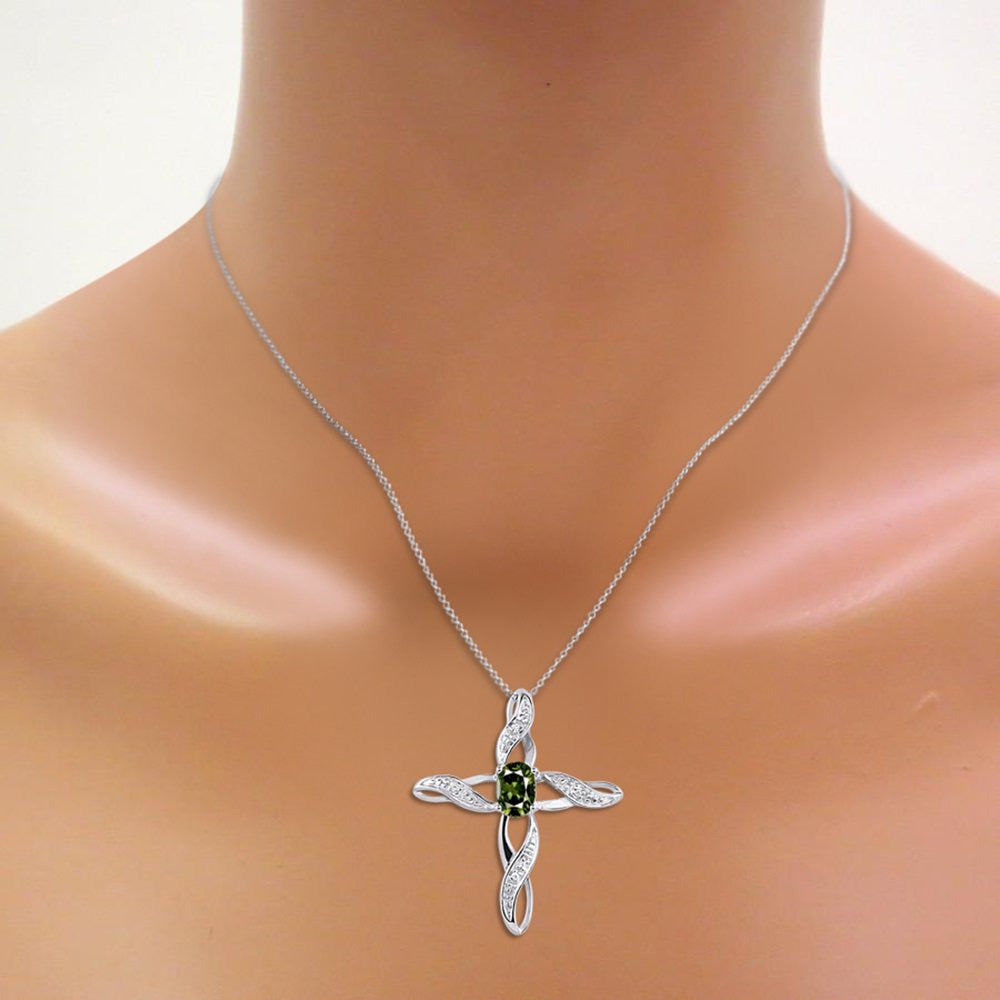 Diamond & Green Sapphire Cross Pendant Necklace Set in Sterling Silver .925 with