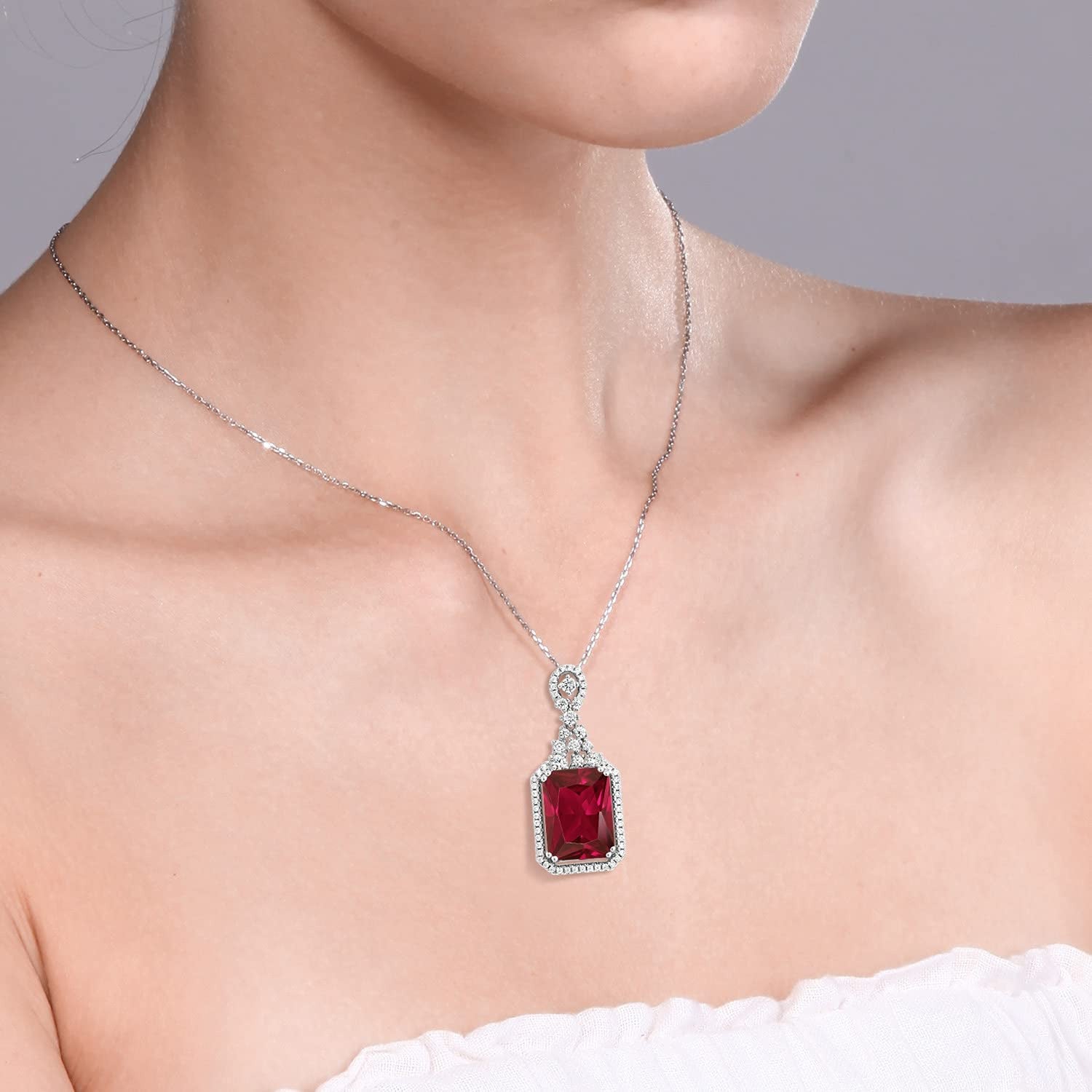 925 Sterling Silver Red Created Ruby Pendant Necklace for Women (5.60 Cttw, Emer