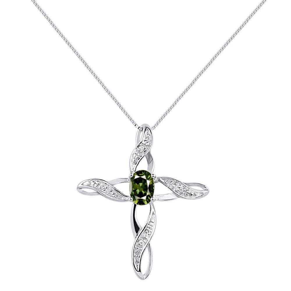 Diamond & Green Sapphire Cross Pendant Necklace Set in Sterling Silver .925 with