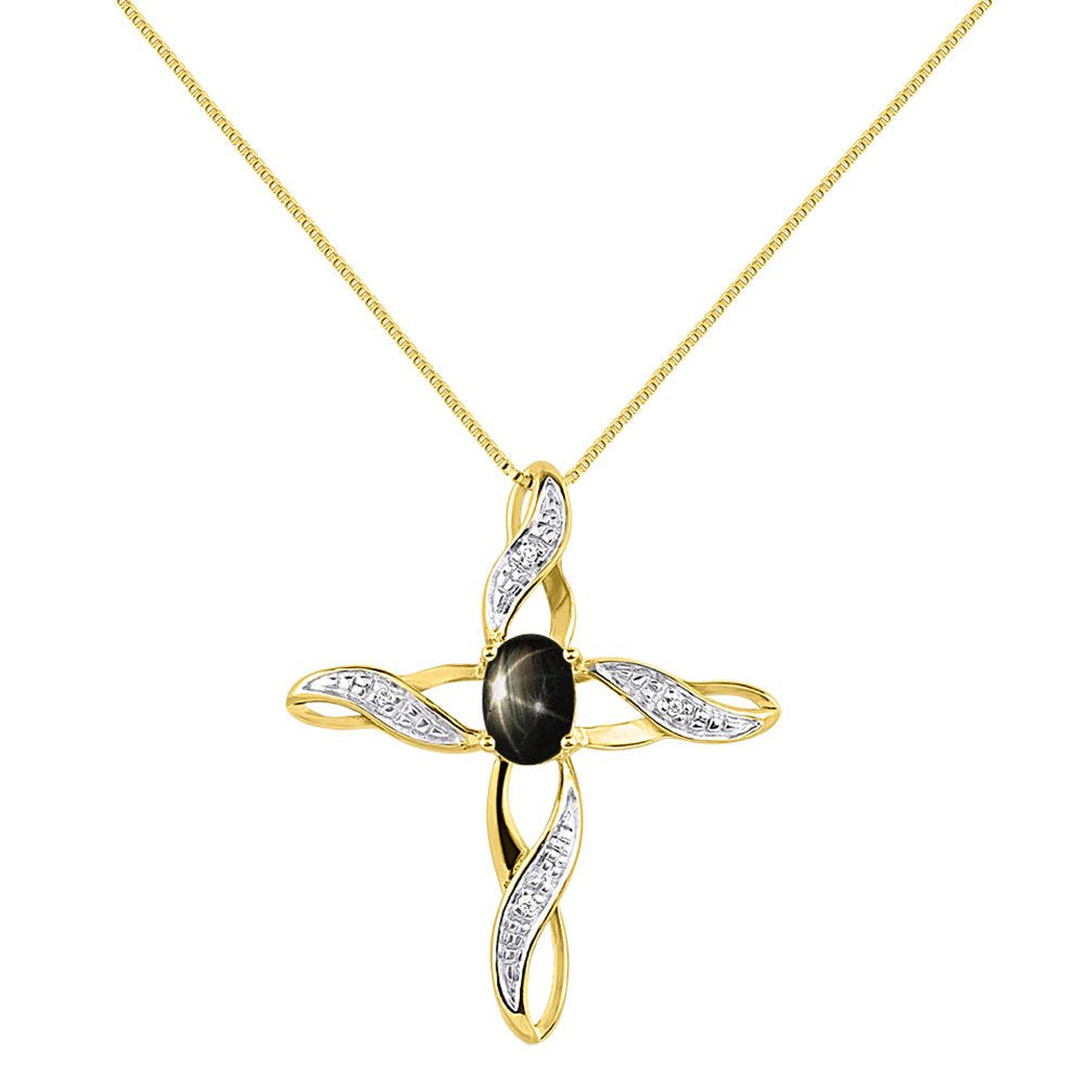 Diamond & Black Star Sapphire Cross Pendant Necklace Set in Yellow Gold Plated S