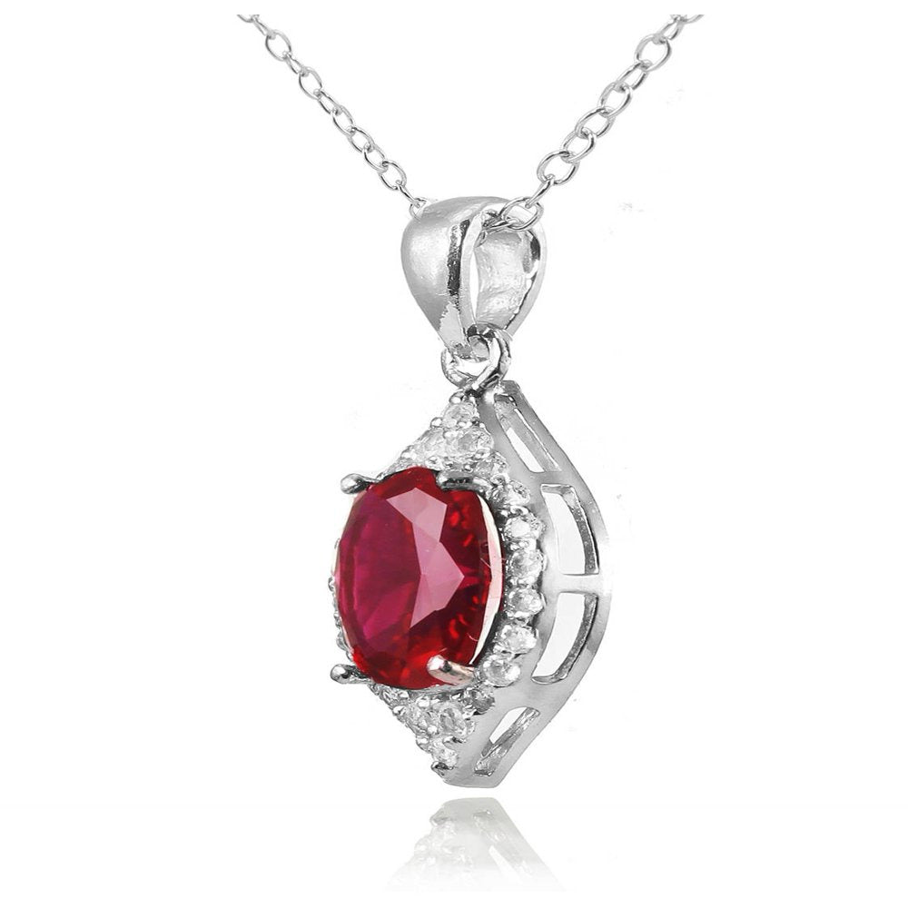 Created Ruby and White Topaz Sterling Silver Oval Fashion Necklace