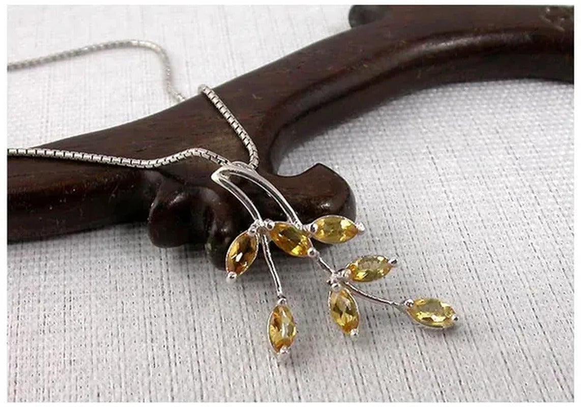Beautiful Leaf Shape Yellow Crystal Jewelry Sets Ring Pendant Necklace Pure 925