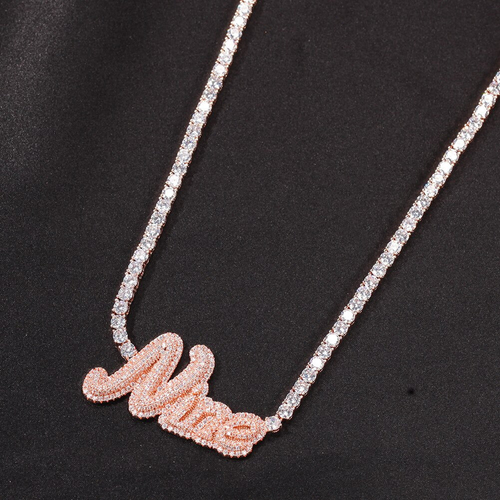 Custom Name Necklace Cursive Letter with Tennis Chain Cubic Zirconia Gold Silver