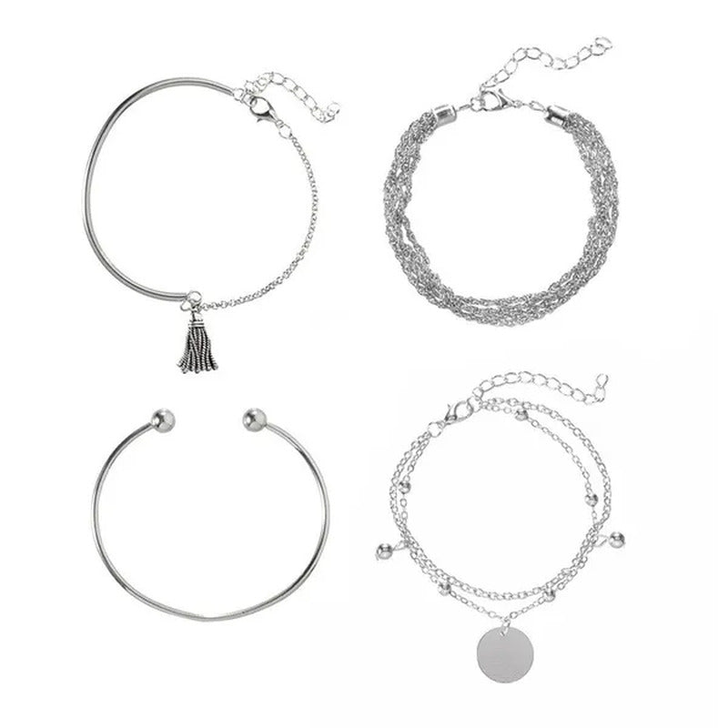 4Pcs/Set New Silver Metal Tassels Sequins Chains Bracelets Set Combination Fashi